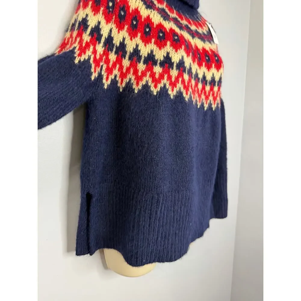 Gap Fair Isle Wool Turtleneck Sweater Navy Split-Hem Red Cream Pattern Sz XS New